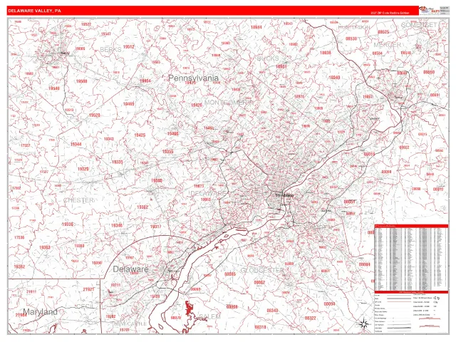 Delaware Valley Metro Area ZIP Code Wall Map, RedLine style