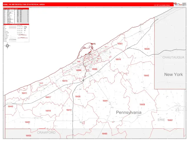 Erie Metro Area ZIP Code Wall Map, RedLine style