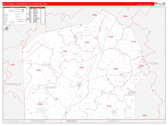 Gettysburg Metro Area ZIP Code Wall Map, RedLine style