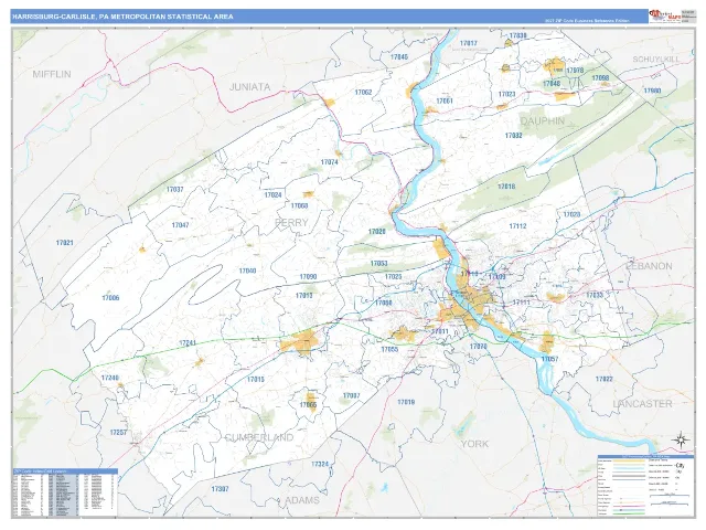 Harrisburg-Carlisle Metro Area ZIP Code Wall Map, Business Reference style