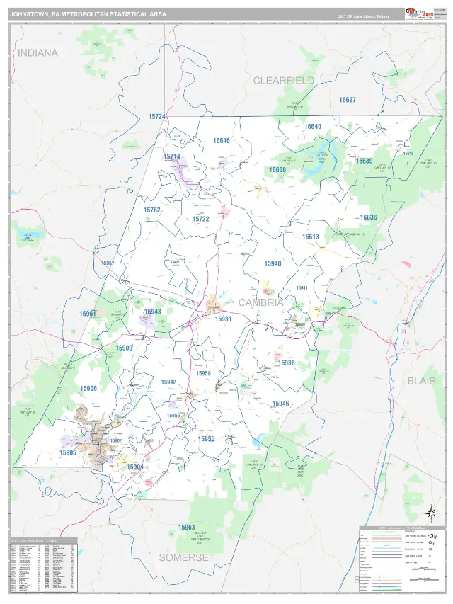 Johnstown Metro Area ZIP Code Wall Map, Classic style