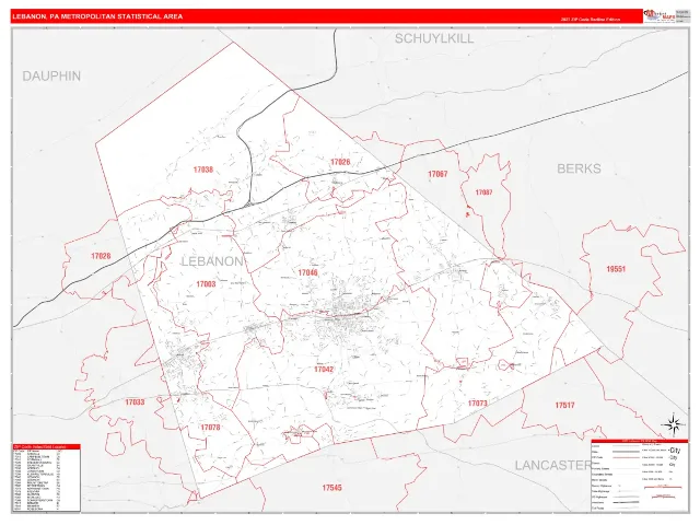 Lebanon Metro Area ZIP Code Wall Map, RedLine style
