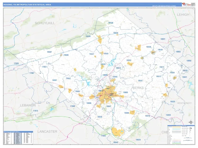 Reading Metro Area ZIP Code Wall Map, Business Reference style