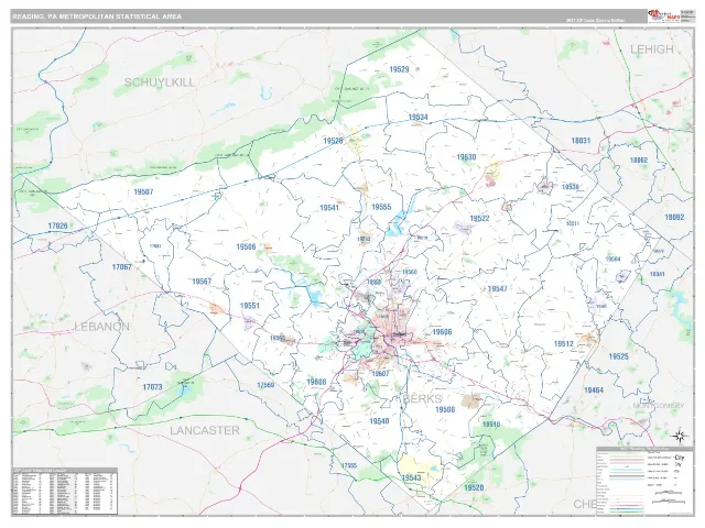 Reading Metro Area ZIP Code Wall Map, Classic style