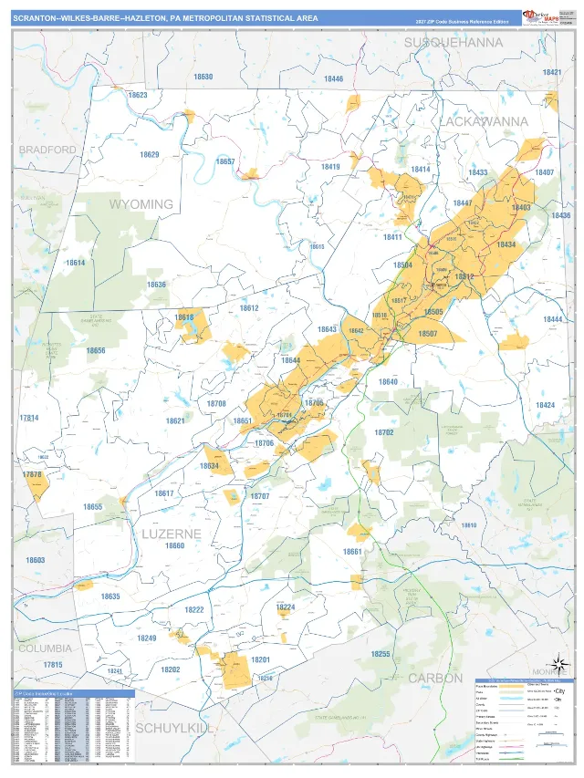 Scranton–Wilkes-Barre–Hazleton Metro Area ZIP Code Wall Map, Business Reference style