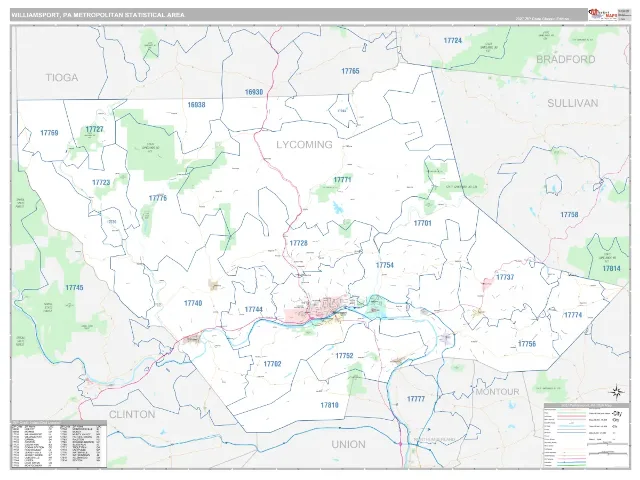 Williamsport Metro Area ZIP Code Wall Map, Classic style