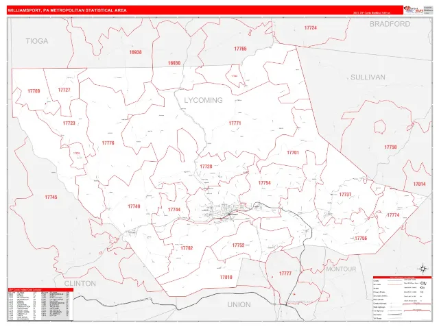 Williamsport Metro Area ZIP Code Wall Map, RedLine style