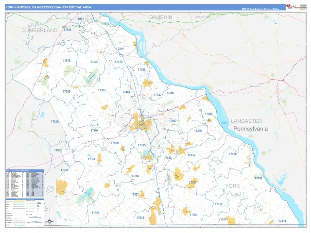 York-Hanover Metro Area ZIP Code Wall Map, Business Reference style
