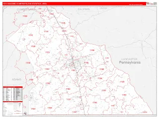 York-Hanover Metro Area RedLine style ZIP Code wall map