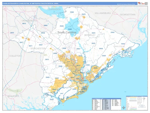 Charleston-North Charleston Metro Area ZIP Code Wall Map, Business Reference style