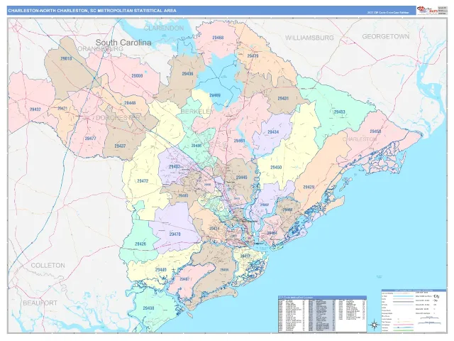 Charleston-North Charleston Metro Area ZIP Code Wall Map, ColorCast style