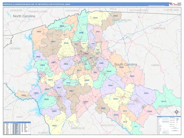 Greenville-Anderson-Mauldin Metro Area ZIP Code Wall Map, ColorCast style