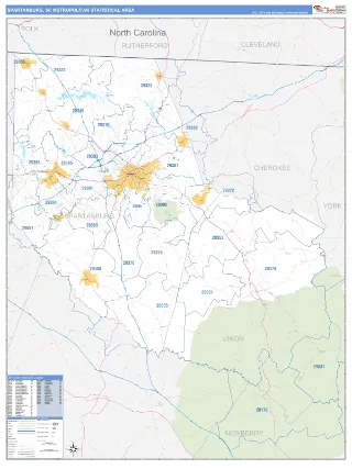 Spartanburg Metro Area Business Reference style ZIP Code wall map