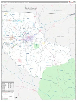 Spartanburg Metro Area Classic style ZIP Code wall map