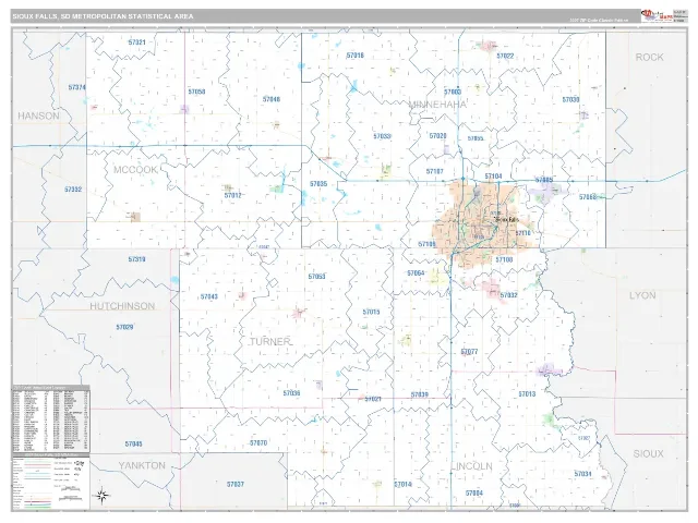 Sioux Falls Metro Area ZIP Code Wall Map, Classic style