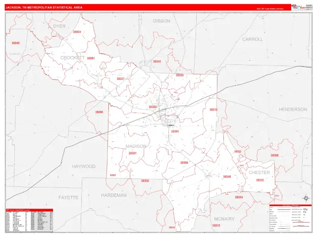 Jackson Metro Area ZIP Code Wall Map, RedLine style