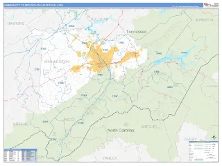 Johnson City Metro Area Business Reference style ZIP Code wall map