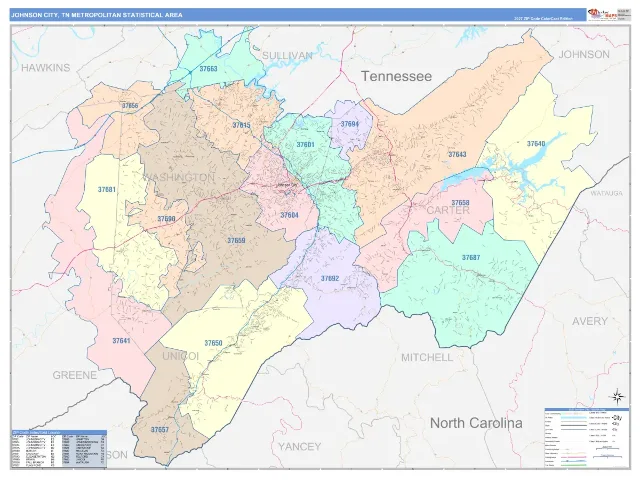 Johnson City Metro Area ZIP Code Wall Map, ColorCast style