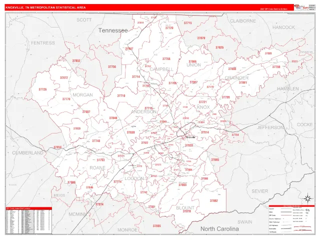 Knoxville Metro Area ZIP Code Wall Map, RedLine style