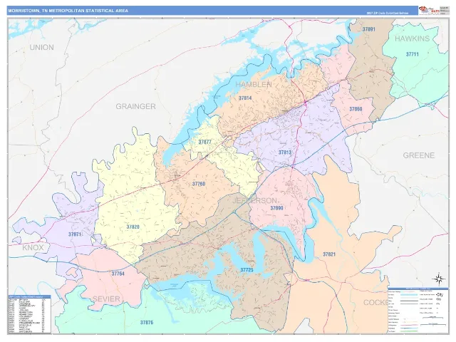Morristown Metro Area ZIP Code Wall Map, ColorCast style