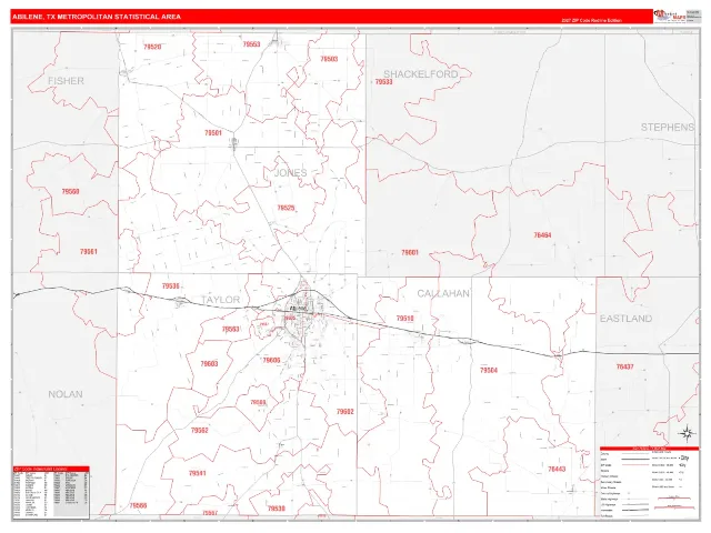 Abilene Metro Area ZIP Code Wall Map, RedLine style
