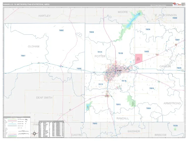 Amarillo Metro Area ZIP Code Wall Map, Classic style