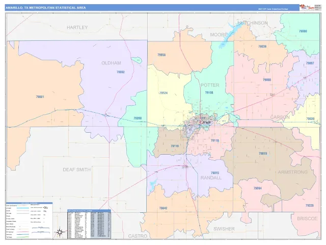 Amarillo Metro Area ZIP Code Wall Map, ColorCast style