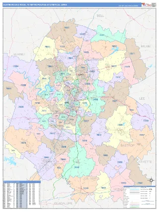 Austin-Round Rock Metro Area ColorCast style ZIP Code wall map