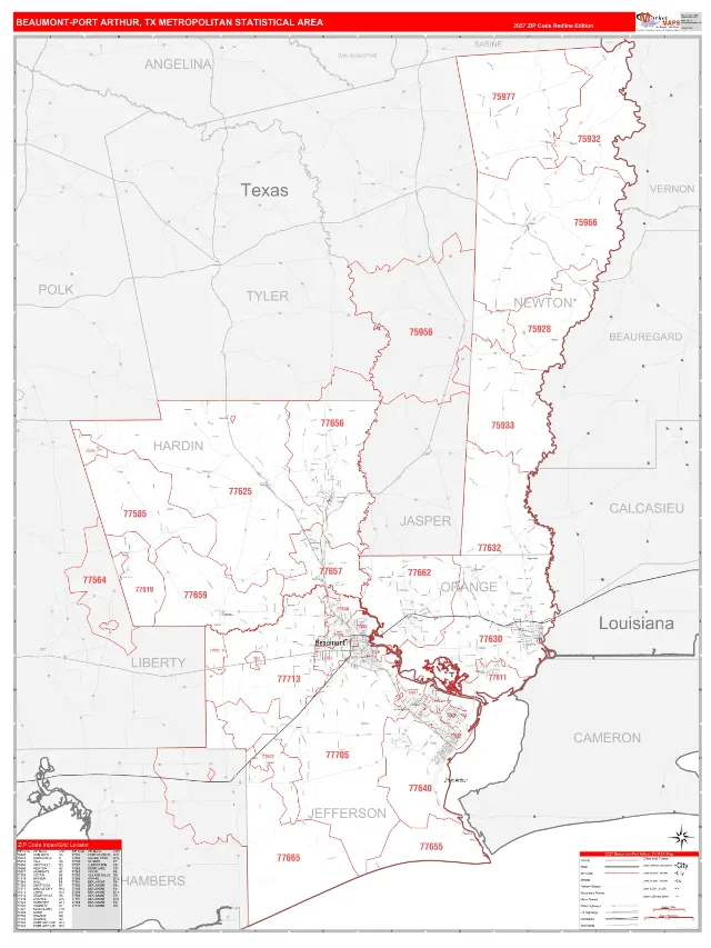 Beaumont-Port Arthur Metro Area ZIP Code Wall Map, RedLine style