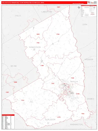 College Station-Bryan Metro Area RedLine style ZIP Code wall map