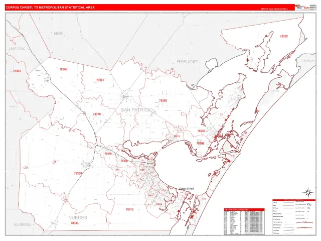 Corpus Christi Metro Area ZIP Code Wall Map, RedLine style
