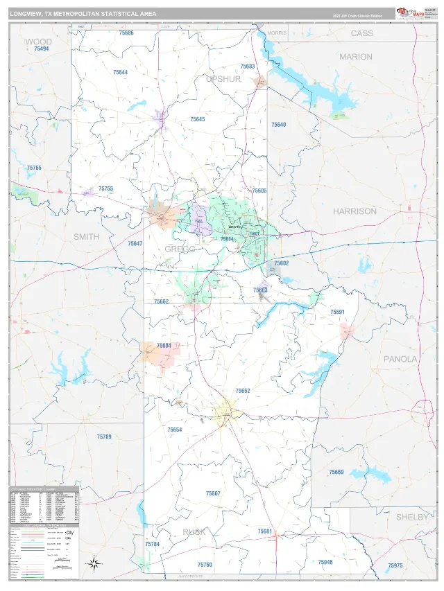 Longview Metro Area ZIP Code Wall Map, Classic style