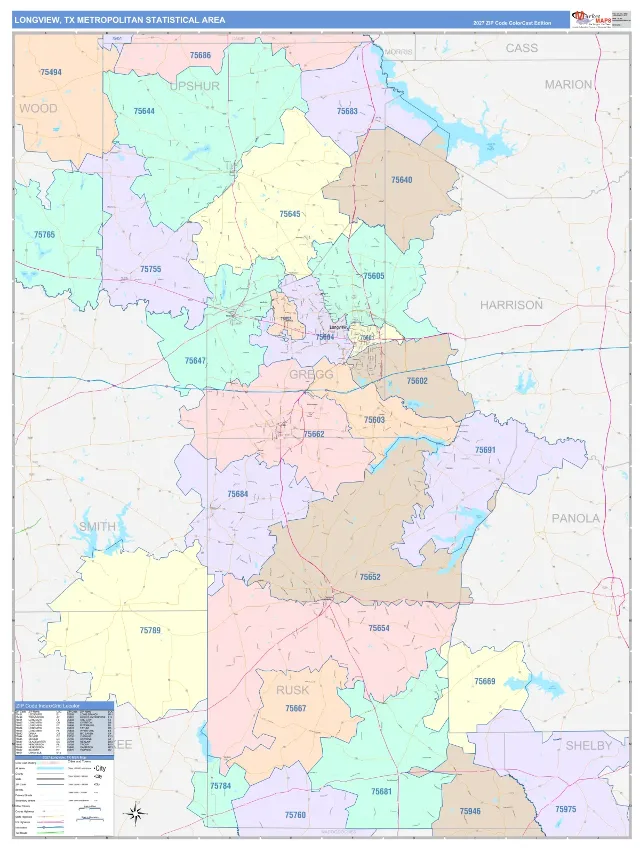 Longview Metro Area ZIP Code Wall Map, ColorCast style