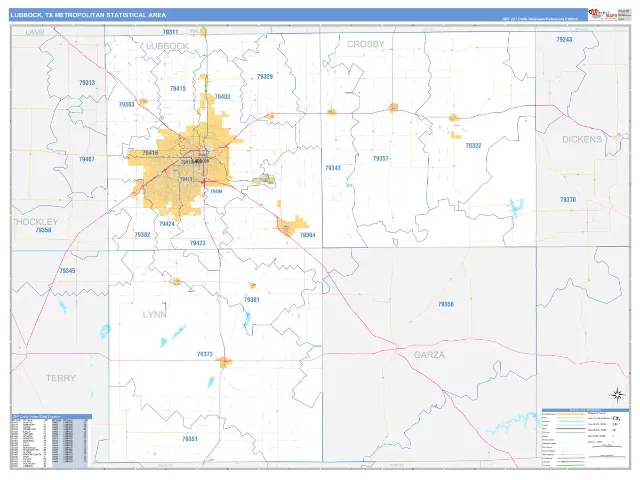 Lubbock Metro Area ZIP Code Wall Map, Business Reference style