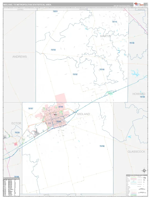 Midland Metro Area ZIP Code Wall Map, Classic style