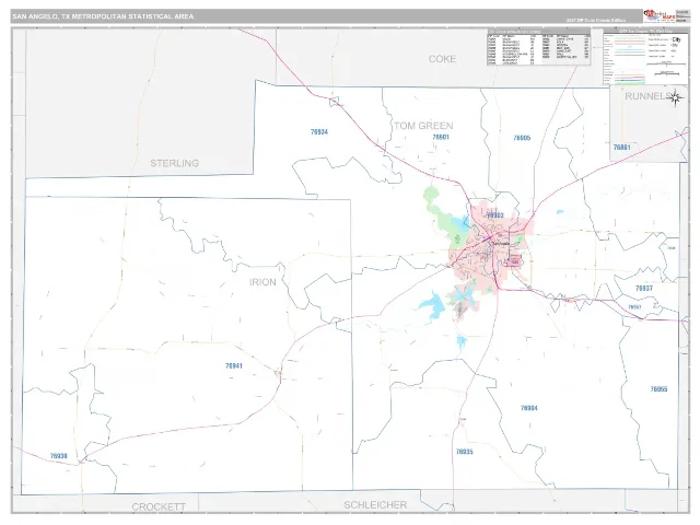 San Angelo Metro Area ZIP Code Wall Map, Classic style