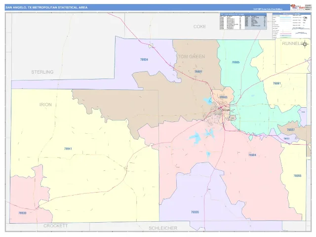 San Angelo Metro Area ZIP Code Wall Map, ColorCast style