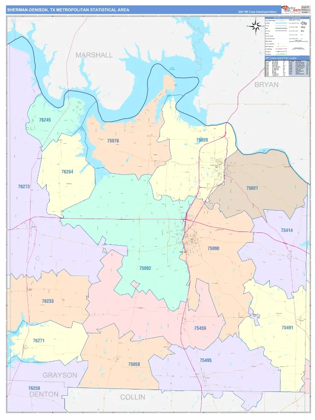 Sherman-Denison Metro Area ZIP Code Wall Map, ColorCast style