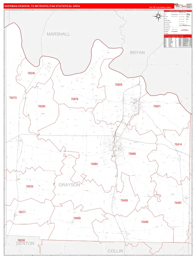 Sherman-Denison Metro Area ZIP Code Wall Map, RedLine style