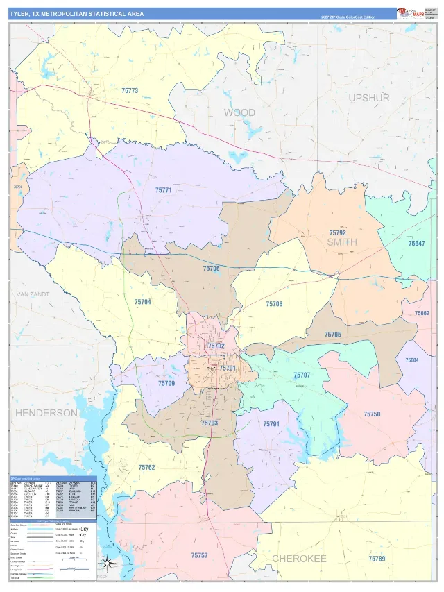 Tyler Metro Area ZIP Code Wall Map, ColorCast style