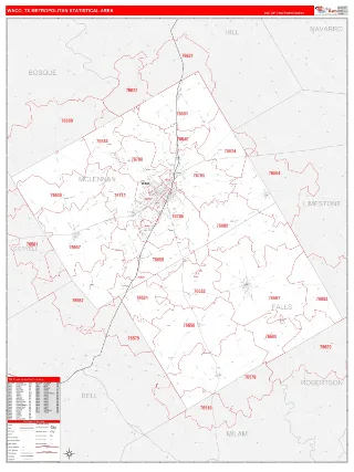 Waco Metro Area RedLine style ZIP Code wall map