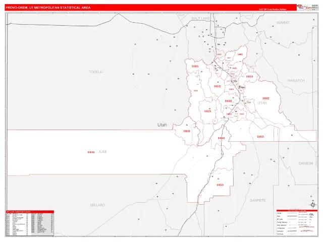 Provo-Orem Metro Area ZIP Code Wall Map, RedLine style