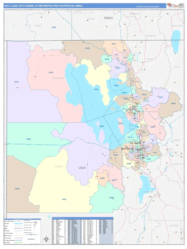 Salt Lake City Metro Area ZIP Code Wall Map, ColorCast style