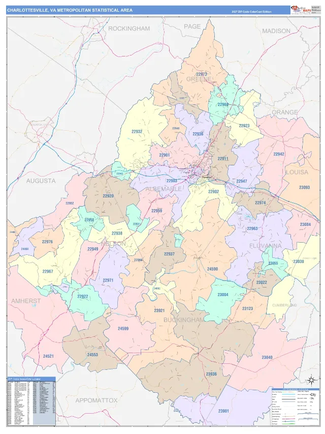 Charlottesville Metro Area ZIP Code Wall Map, ColorCast style