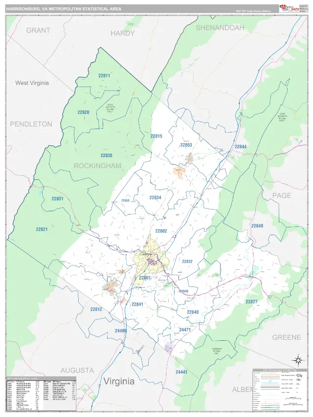 Harrisonburg Metro Area ZIP Code Wall Map, Classic style