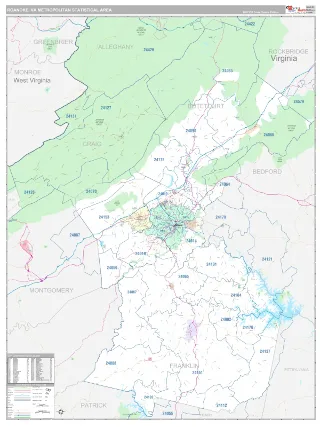 Roanoke Metro Area Classic style ZIP Code wall map