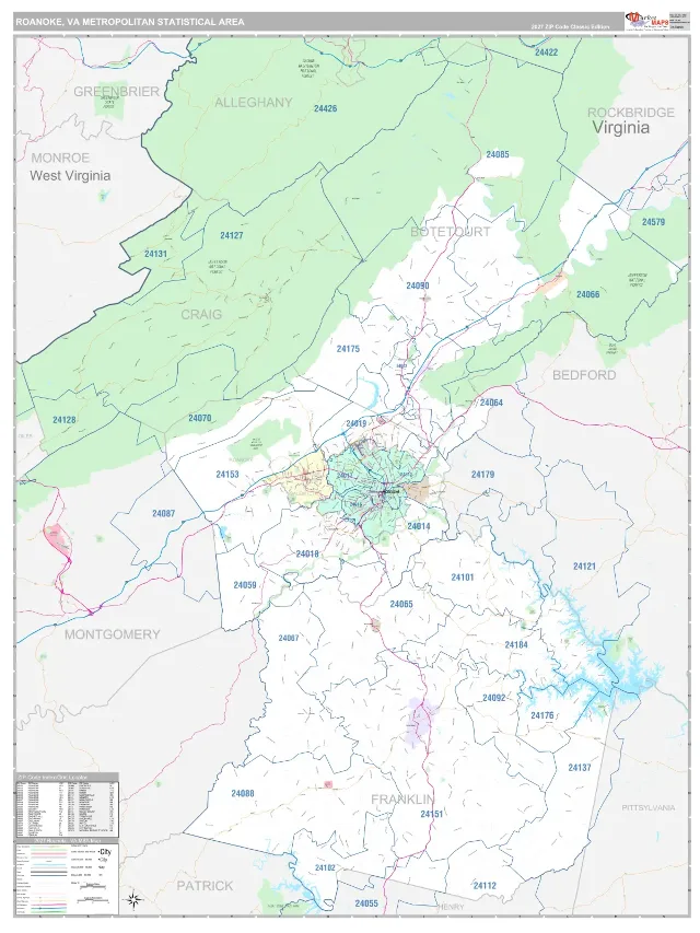 Roanoke Metro Area ZIP Code Wall Map, Classic style