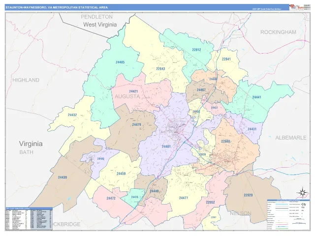 Staunton-Waynesboro Metro Area ZIP Code Wall Map, ColorCast style