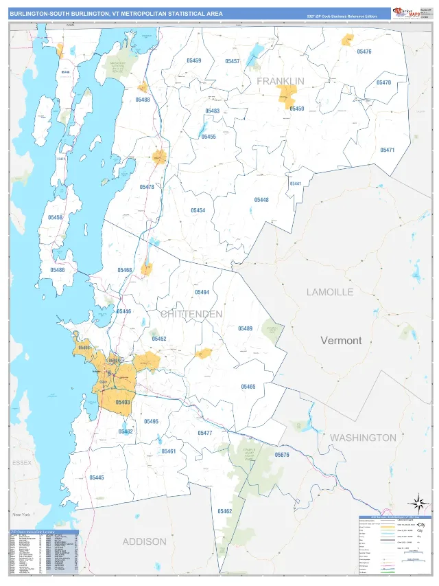 Burlington-South Burlington Metro Area ZIP Code Wall Map, Business Reference style