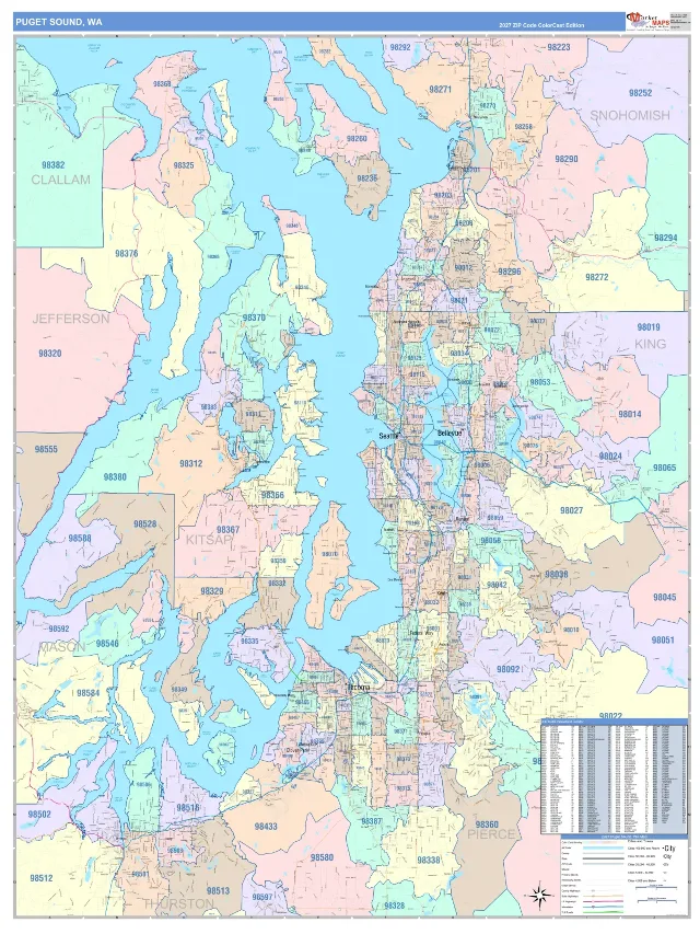 Puget Sound Metro Area ZIP Code Wall Map, ColorCast style